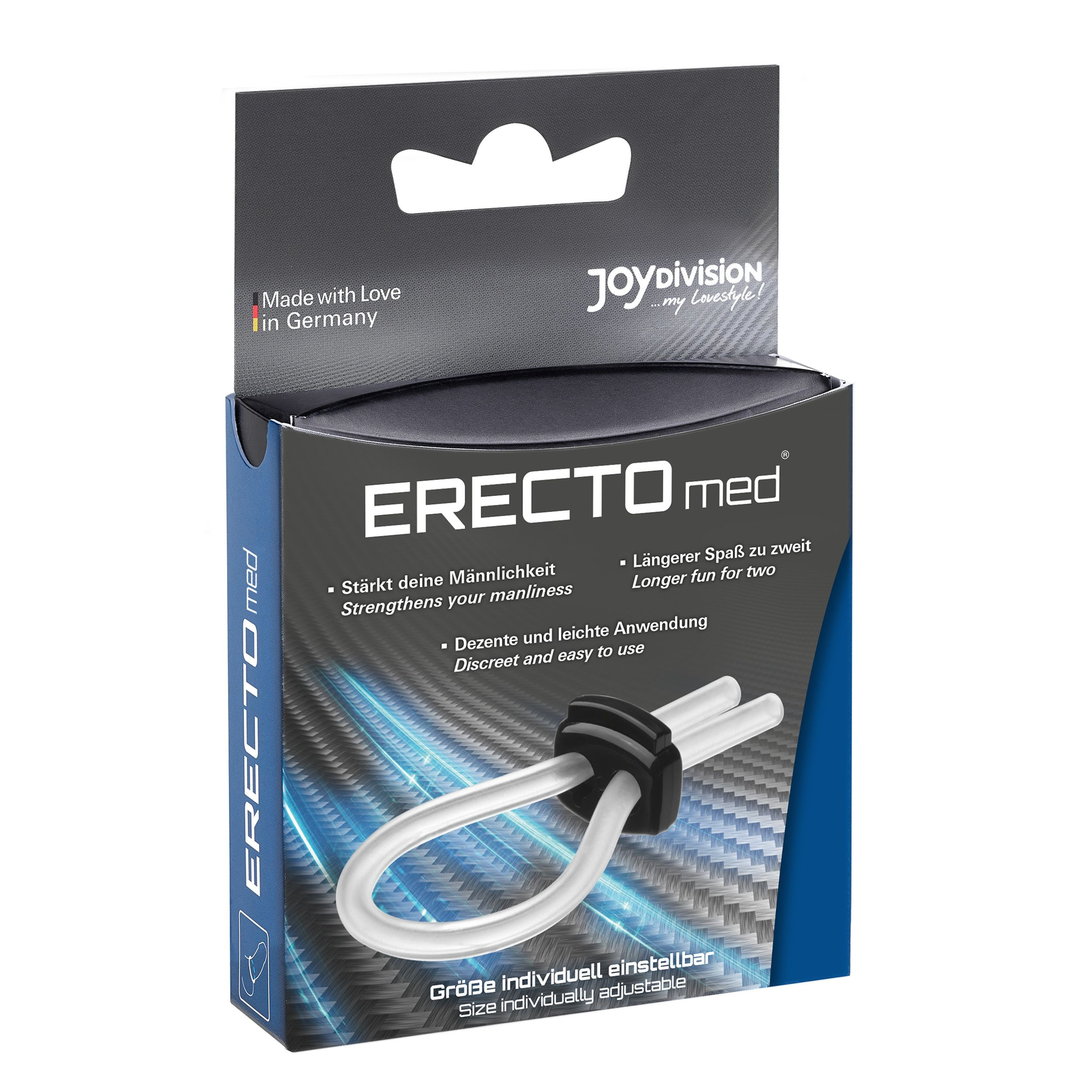Pudełko produktu Erecto med z pierścieniem na penisa w czarnym pudełku. Białe tło.
