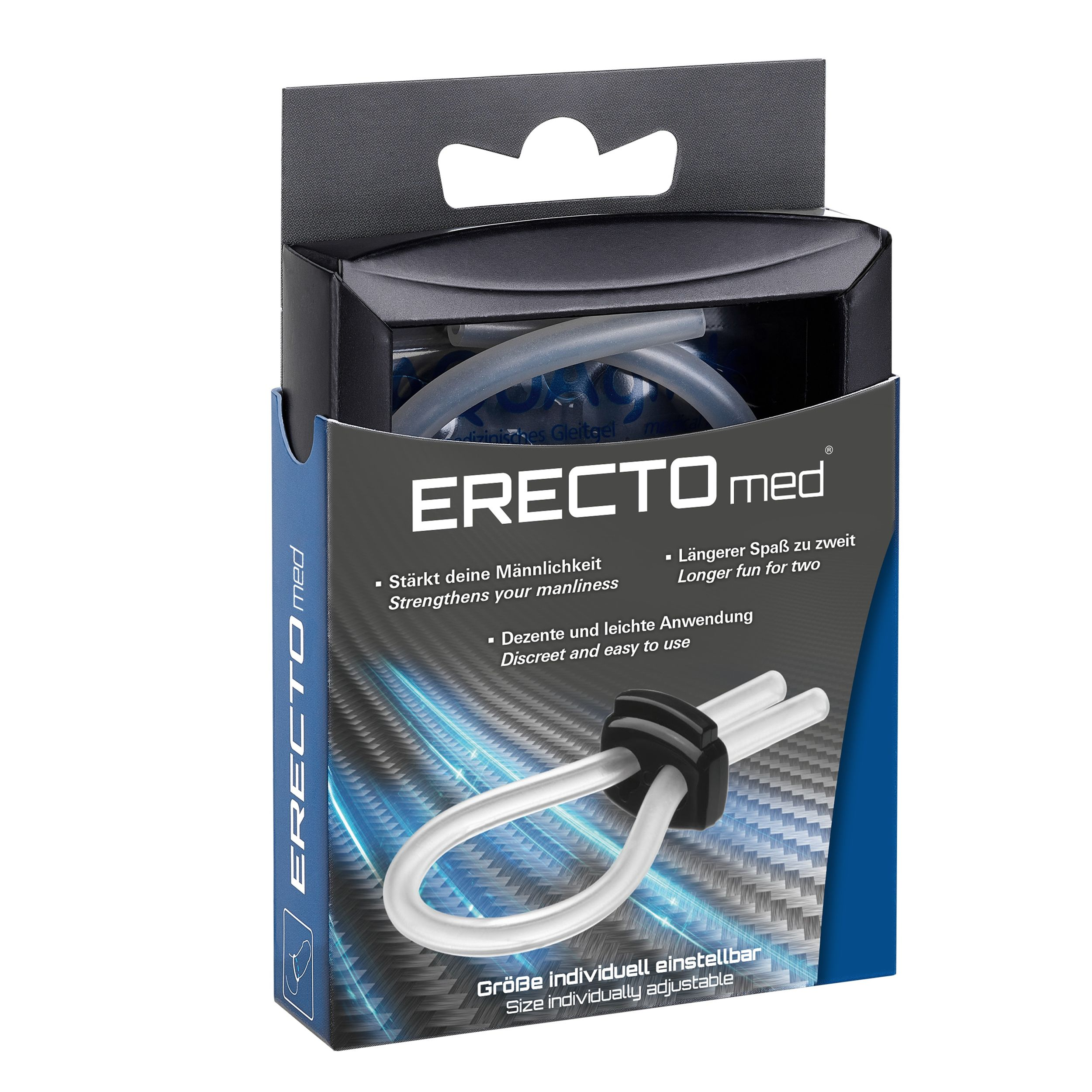 Pudełko produktu Erecto med z pierścieniem na penisa w czarnym pudełku. Białe tło.