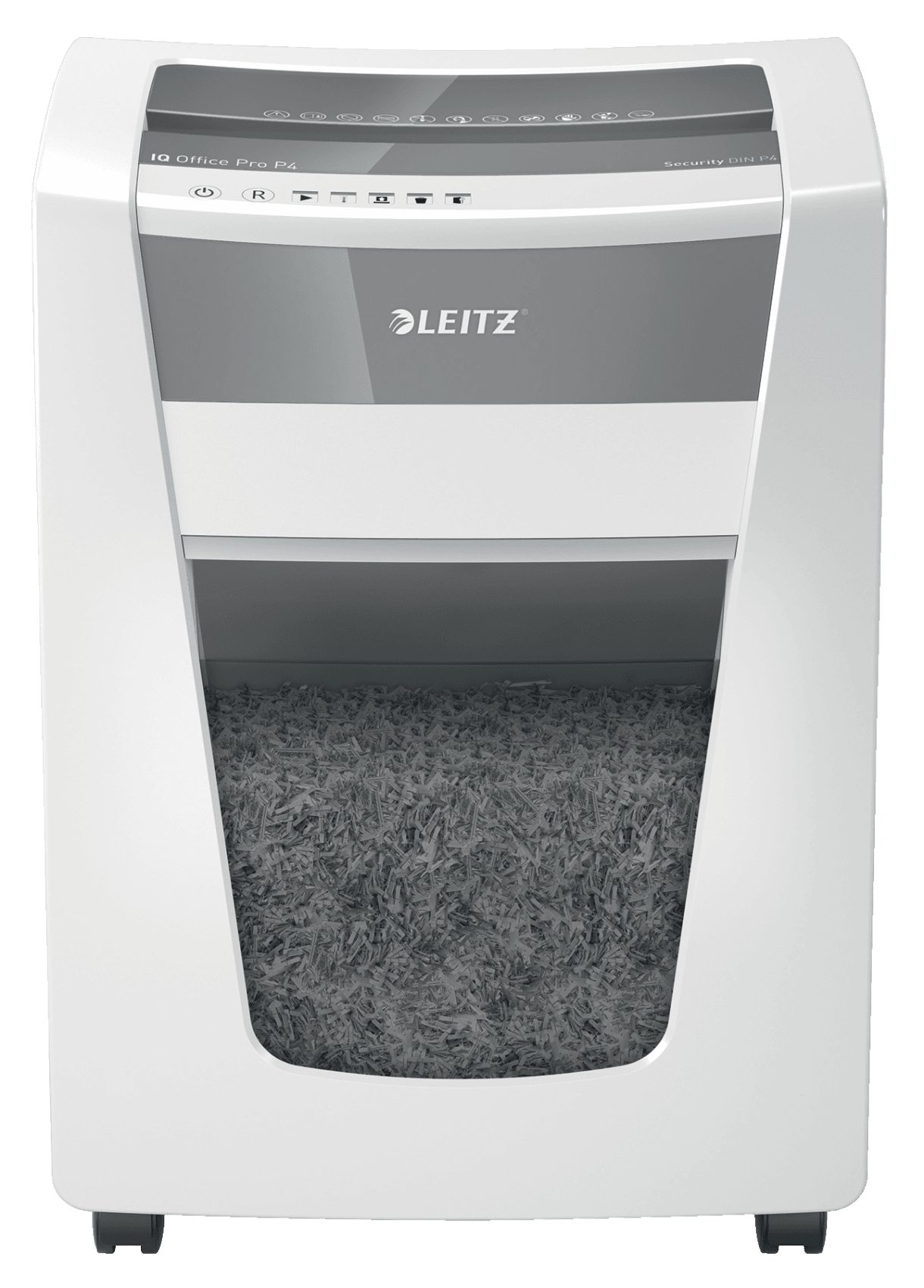 Déchiqueteuse de papier blanche et grise avec le logo Leitz. Montre le papier déchiqueté.