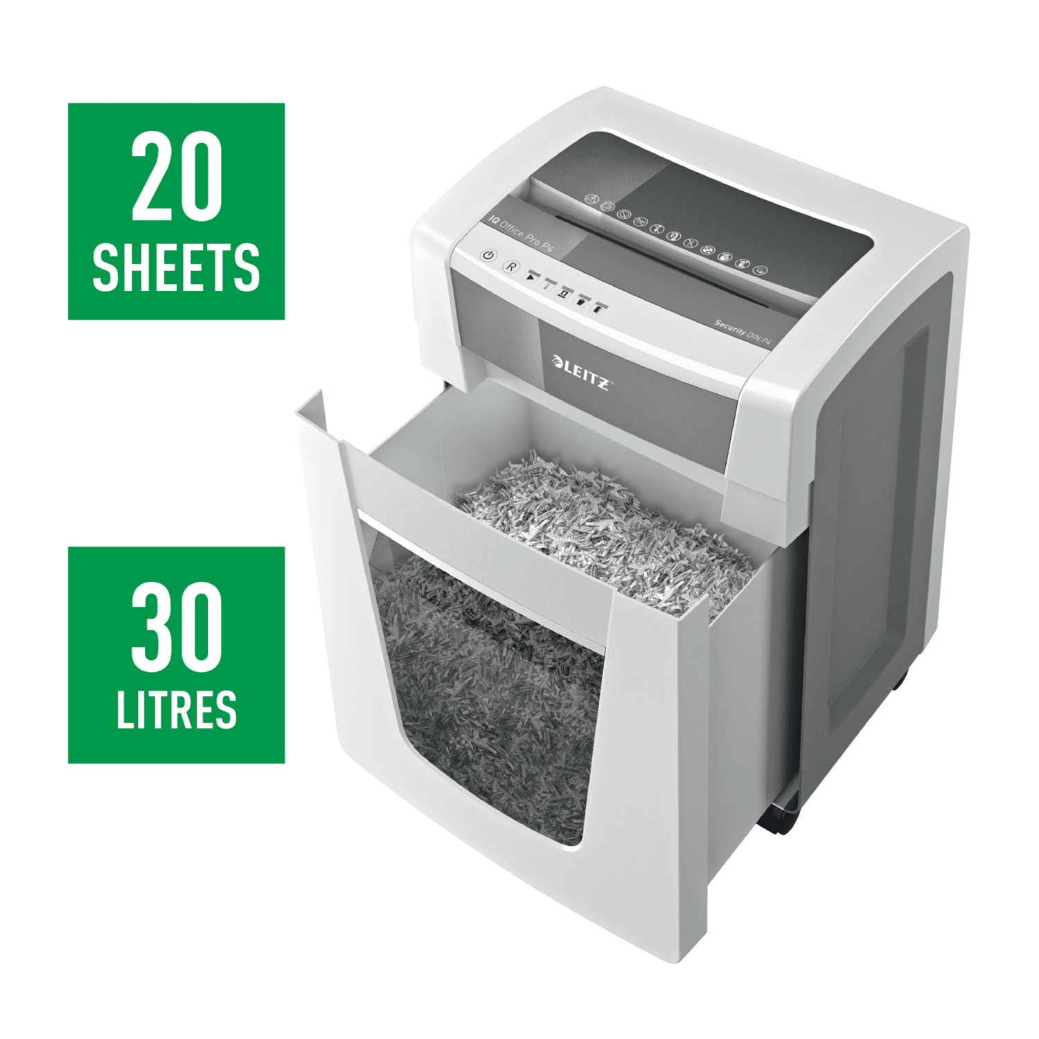 Déchiqueteuse de papier avec texte indiquant qu'elle déchiquette 20 feuilles et contient 30 litres.