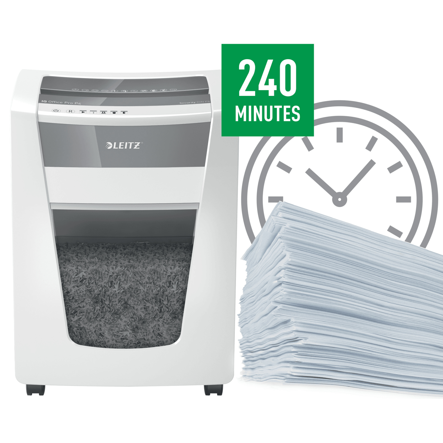 Déchiqueteuse avec une horloge et une pile de papier, indiquant 240 minutes de temps de déchiquetage.