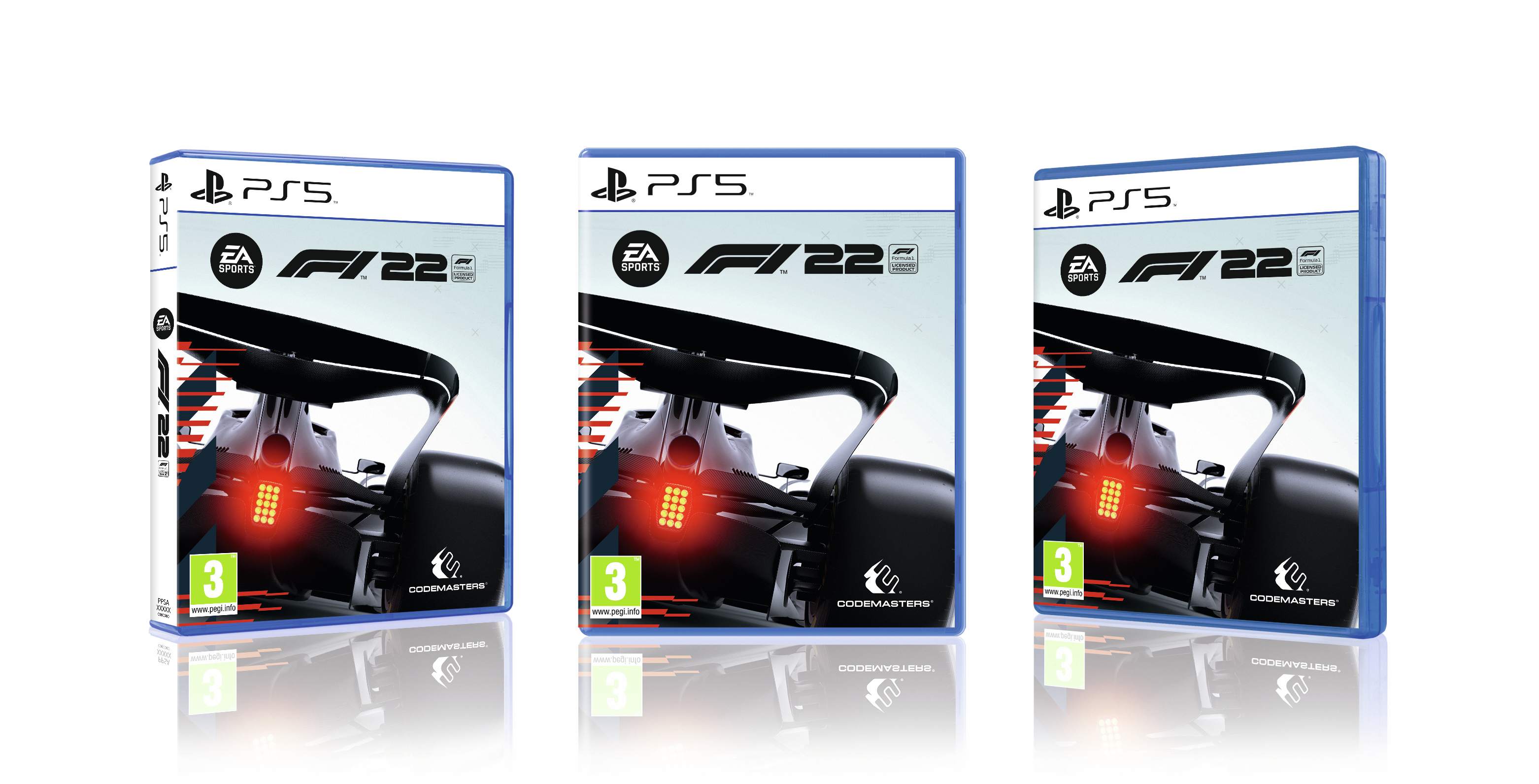 Tre scatole di gioco PS5 di F1 22, viste da diverse angolazioni.