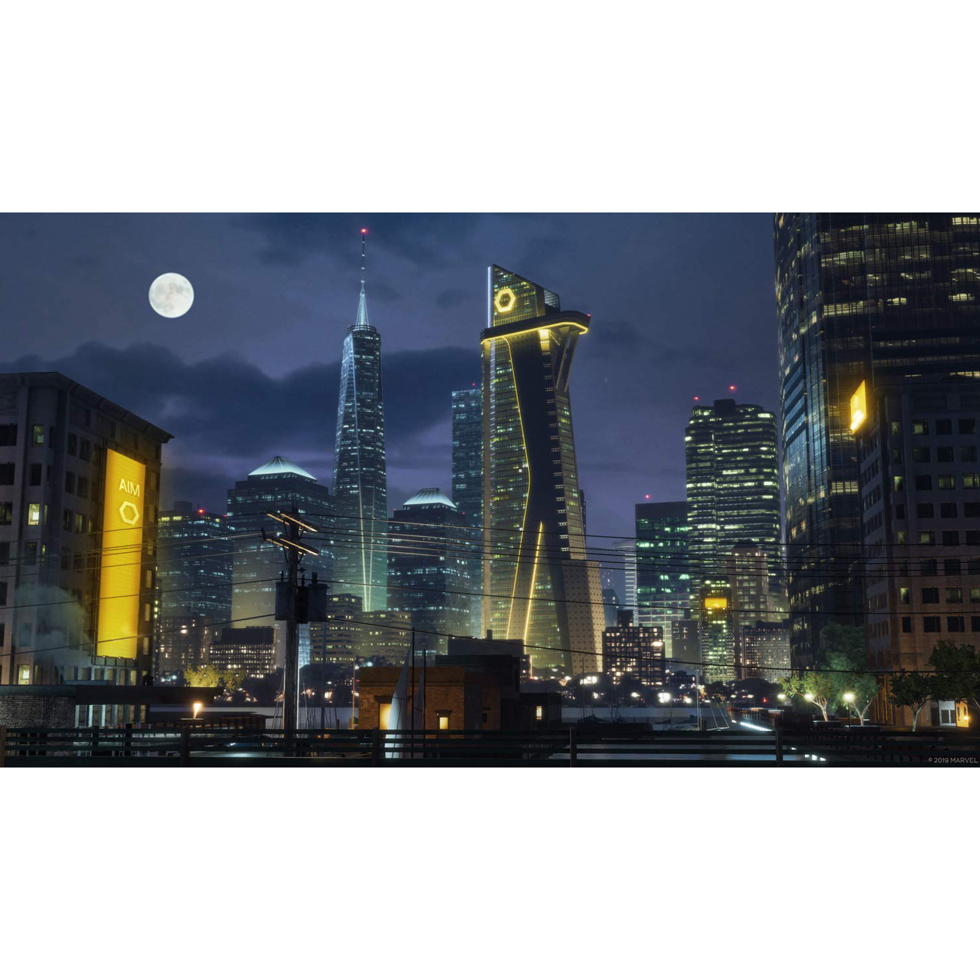 Nocny krajobraz miejski z podświetlonymi budynkami, pełnią księżyca i mostem z przodu.