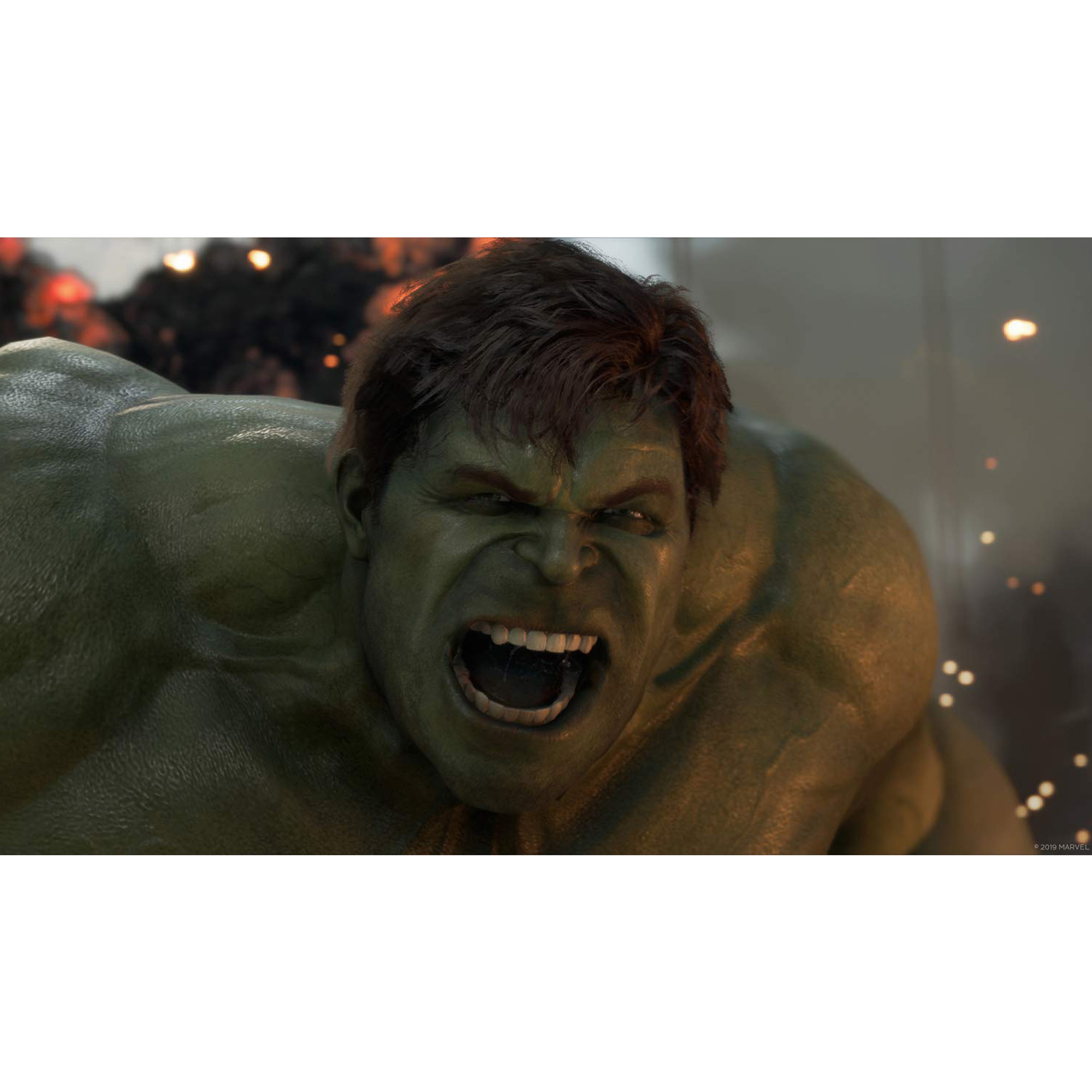 Hulk, zielona skóra, ryczy i jest zły, otwarte usta. Tło pokazuje eksplozje.