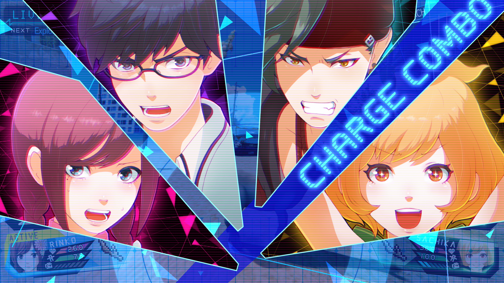 Arte di gioco in stile anime con quattro personaggi, testo sovrapposto 'CHARGE COMBO'.