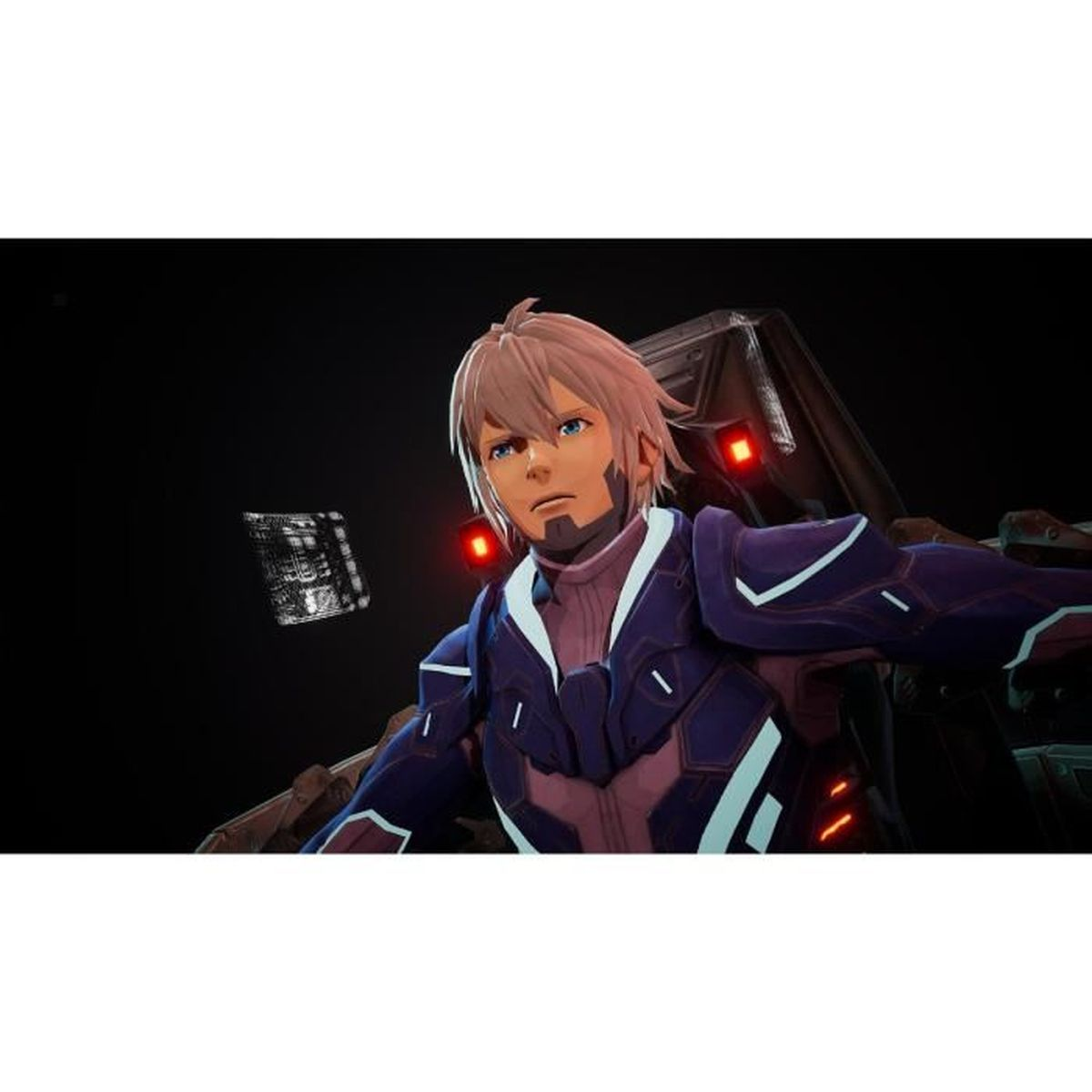 Męska postać anime w futurystycznej scenerii, z niebieskim strojem i częściami mecha.