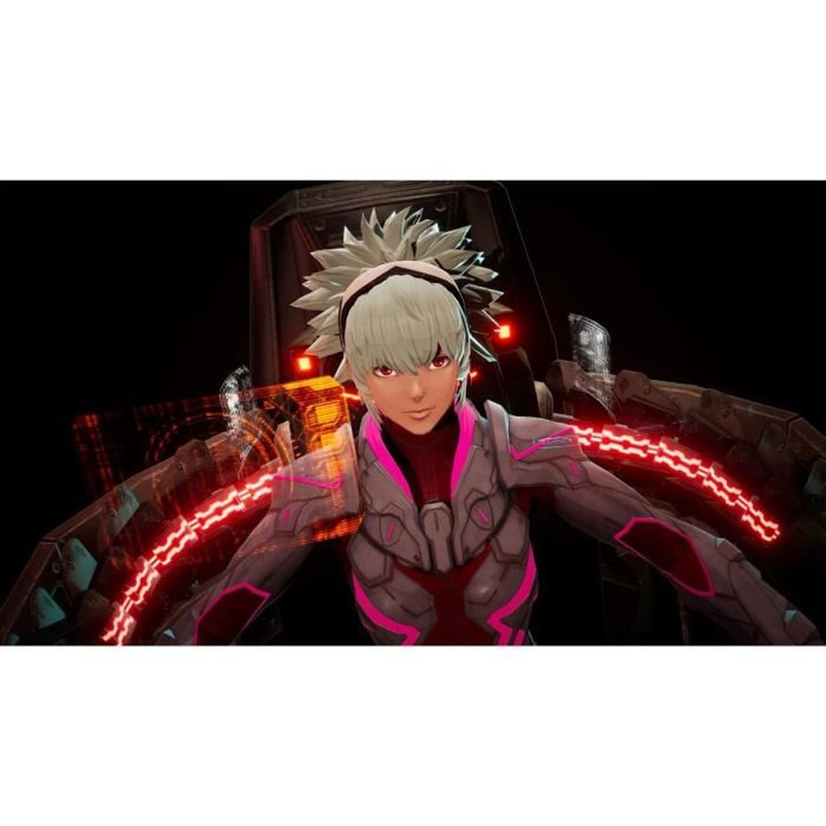 Żeńska postać anime w futurystycznej scenerii, z czerwonymi akcentami i częściami mecha.