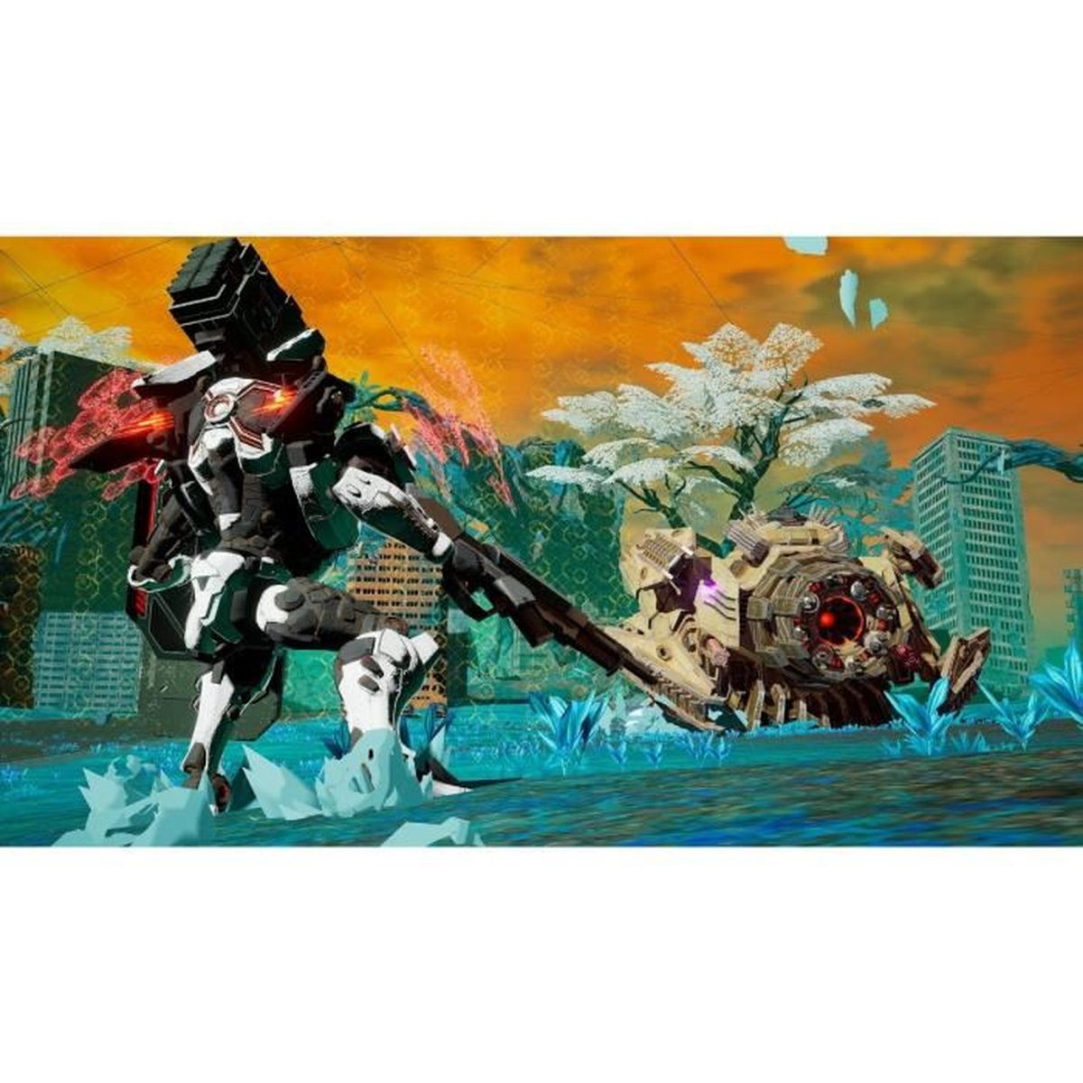 Robot walczący w futurystycznym krajobrazie z wysokimi budynkami i pomarańczowym niebem.