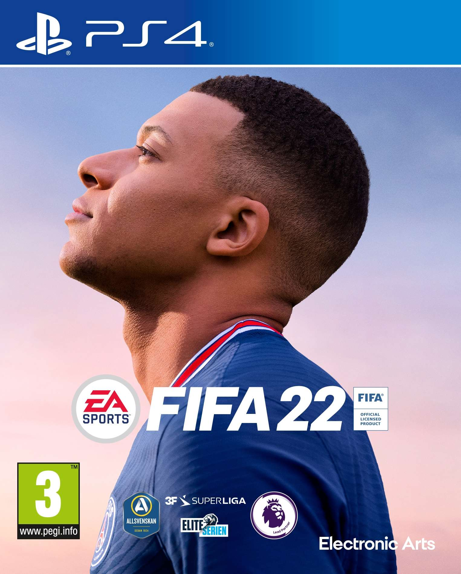 Pudełko gry FIFA 22 PS4. Zawiera portret mężczyzny patrzącego w górę. Ocena PEGI.