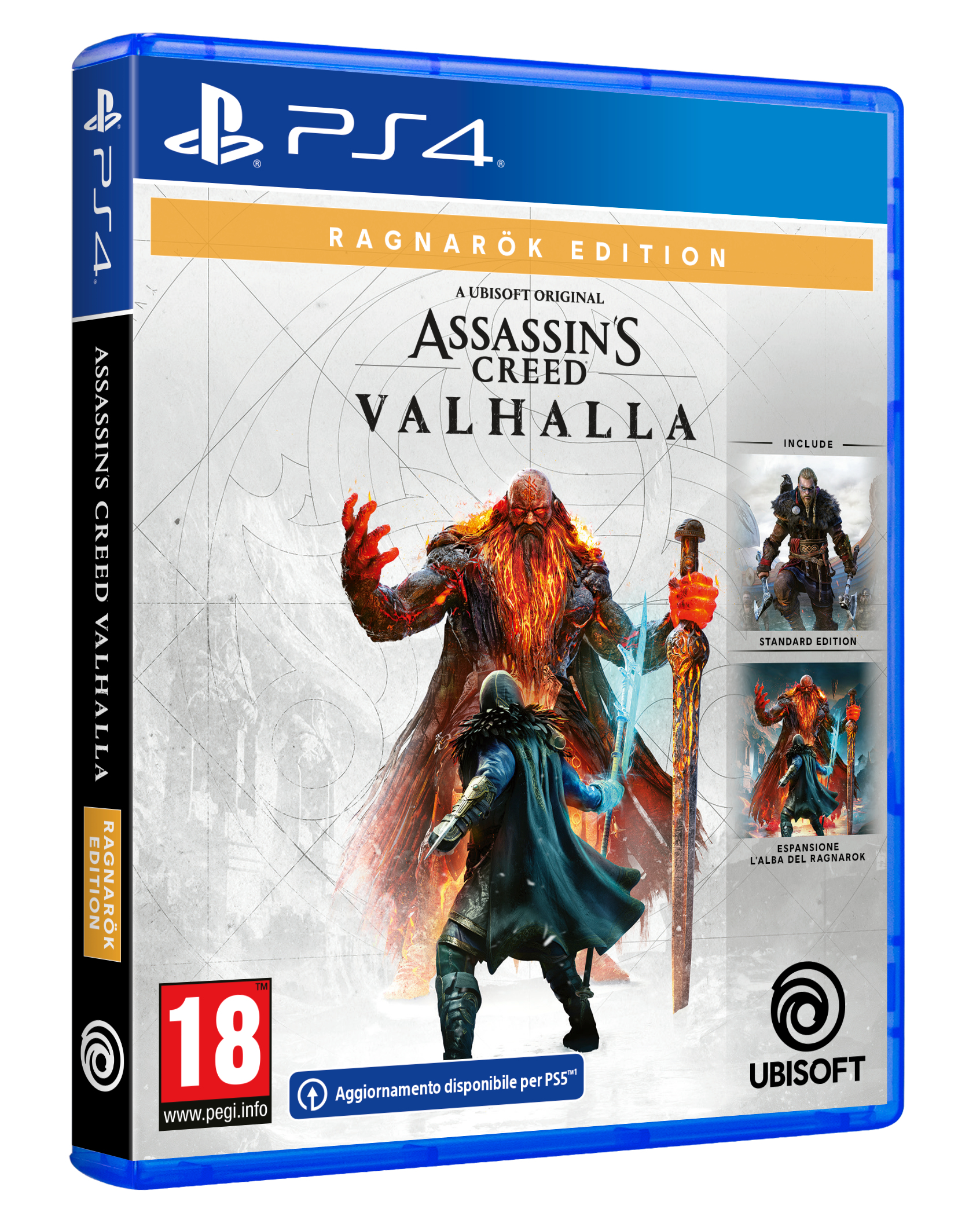 Scatola del gioco Assassin's Creed Valhalla Ragnarök Edition PS4 con action figure e logo.