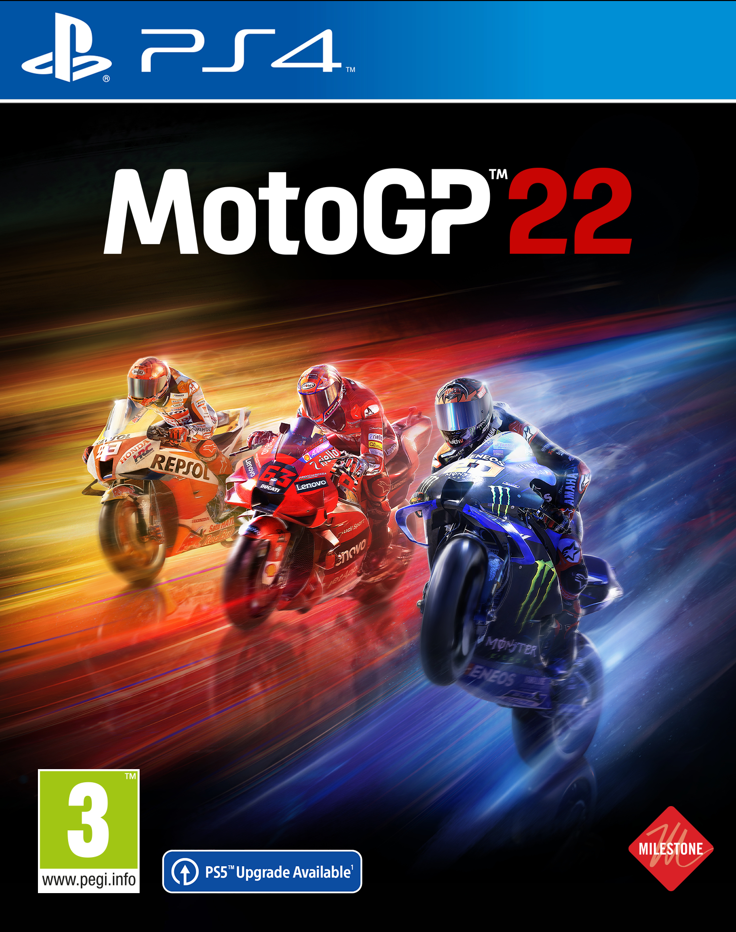 MotoGP 22 PS4 pudełko z grą z trzema motocyklami, niebieska obudowa, białe tło.