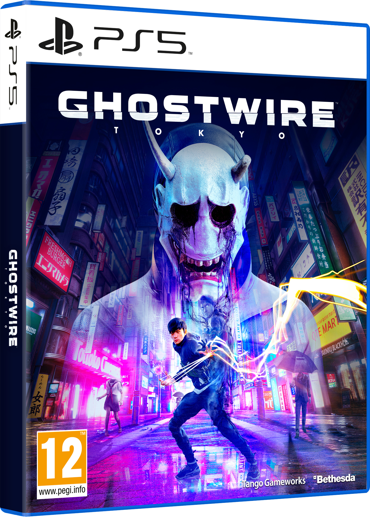 Artwork del gioco PS5 Ghostwire: Tokyo. Una figura mascherata e un personaggio con una spada.