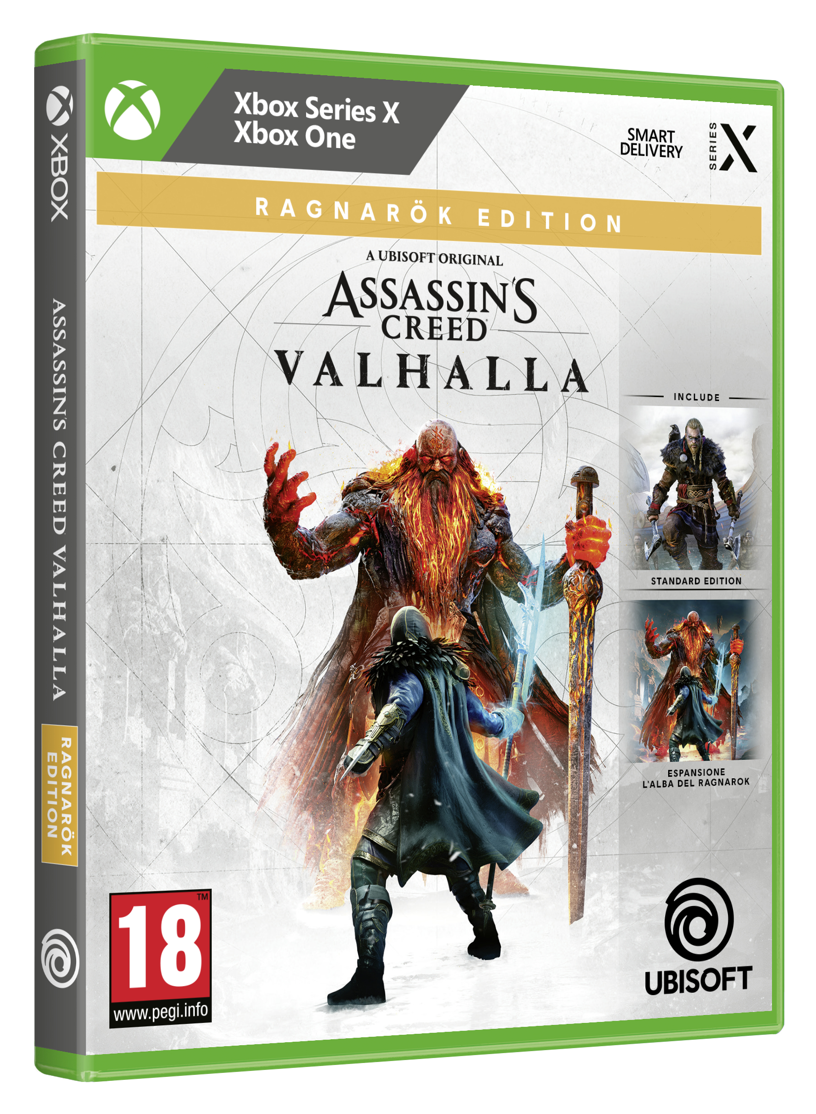 Scatola del gioco Assassin's Creed Valhalla Ragnarök Edition. Scatola verde e gialla con immagini vichinghe e il logo Ubisoft.