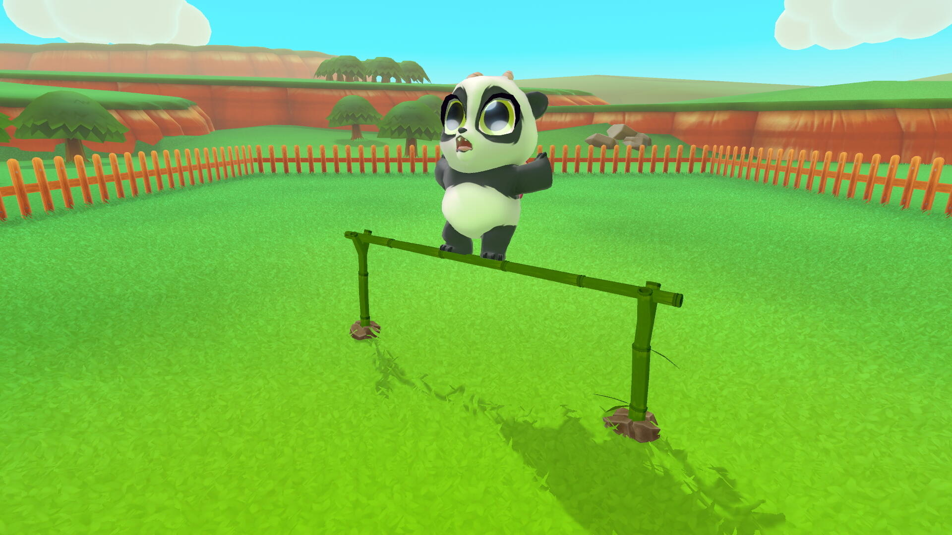 Panda balansuje na bambusowej belce w kreskówkowym krajobrazie. Zielona trawa, drzewa i niebieskie niebo.