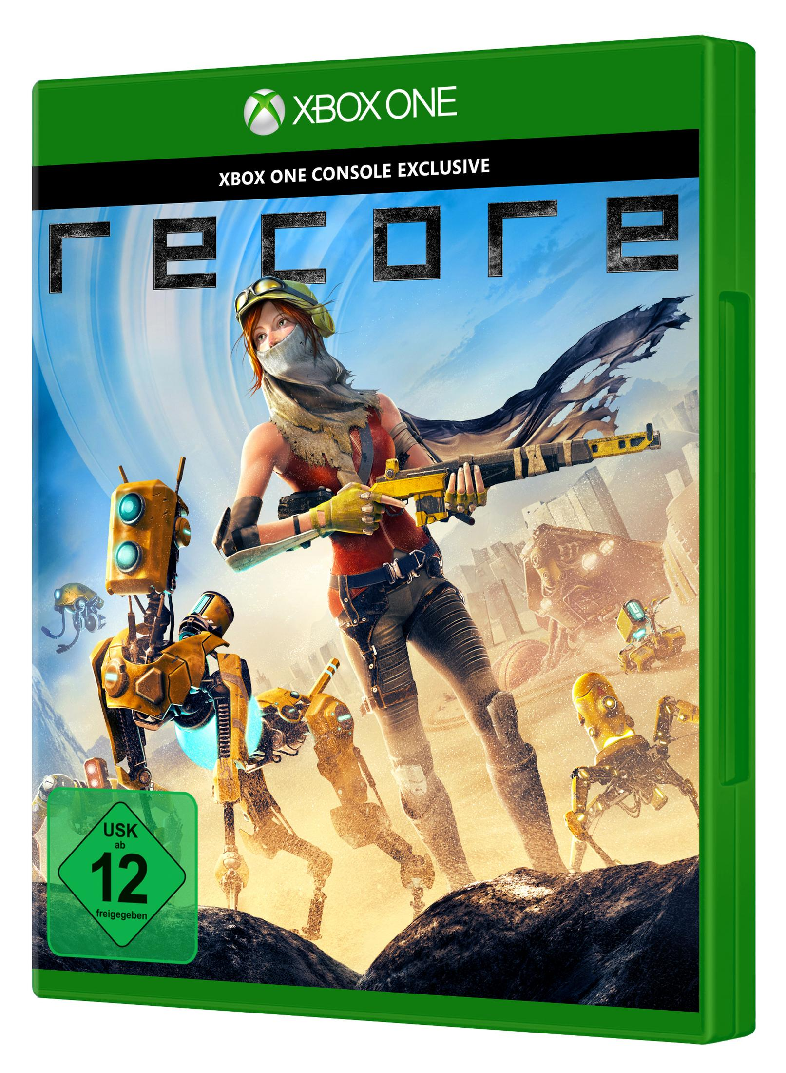 Recore Spielcover. Eine Frau mit einer Waffe und Robotern. Grüne Xbox One Box.