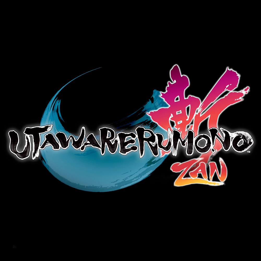 Logo Utawarerumono Zan. Testo con caratteri giapponesi su un arco blu e sfondo scuro.