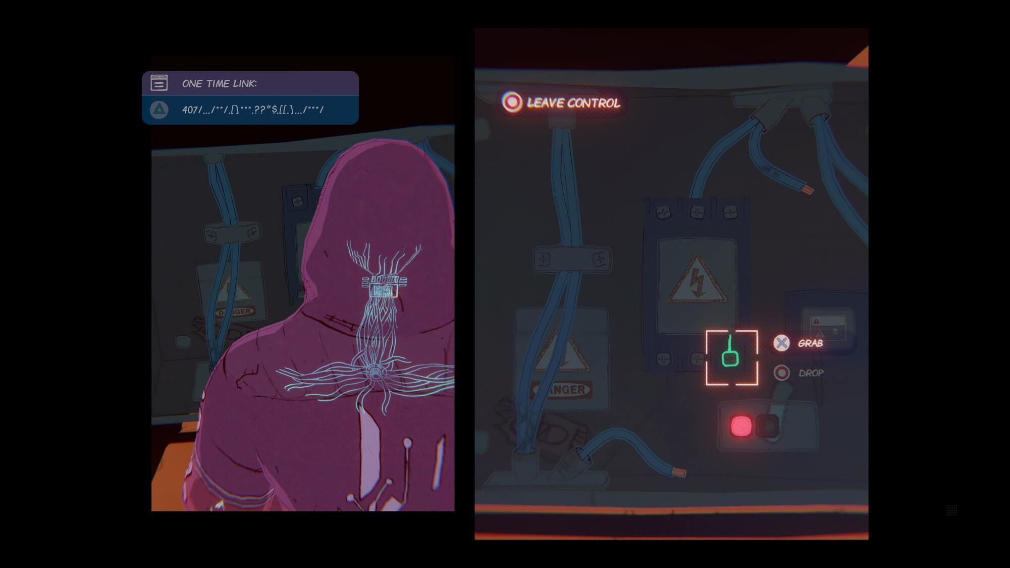 Una pantalla de juego muestra un personaje encapuchado con un cuadro de texto y un panel de control.