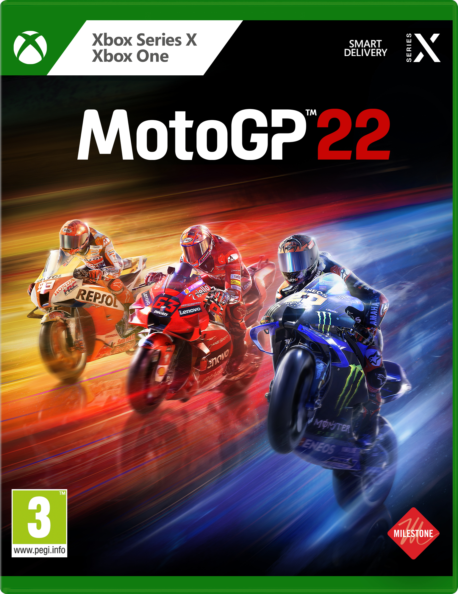 Scatola del gioco MotoGP 22. Mostra tre moto da corsa. Scatola verde con il logo Xbox Series X.