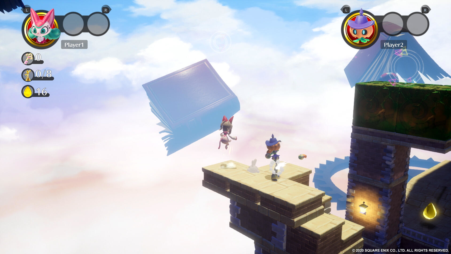 Scena gry: Dwie postacie, unosząca się książka, tło nieba, platforma.