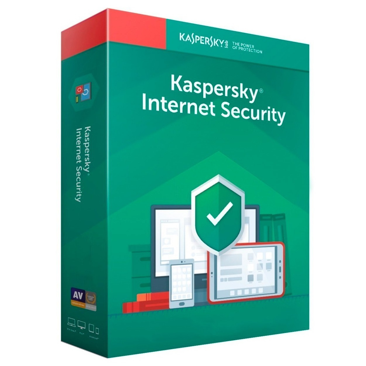 Scatola verde Kaspersky Internet Security con computer e telefono, promuove le funzioni di sicurezza.