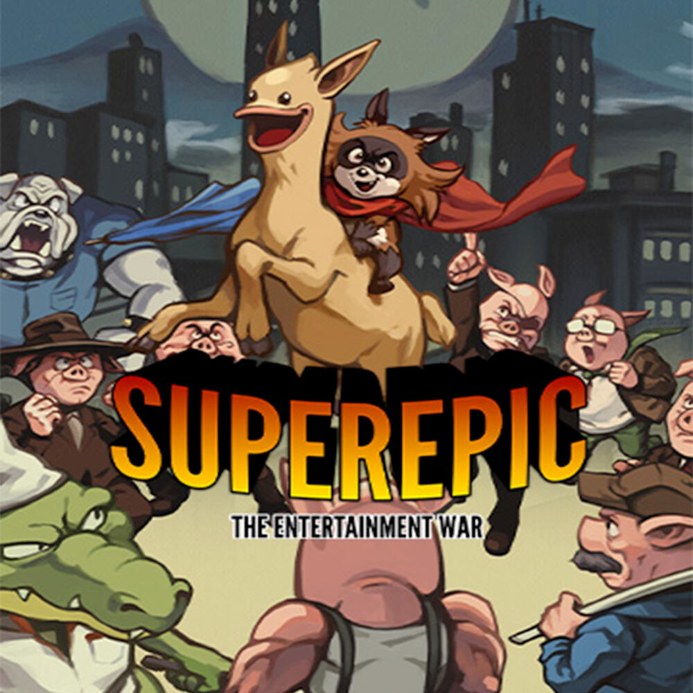 Okładka gry: Postacie z kreskówek walczą, tytuł "SUPER EPIC: The Entertainment War".
