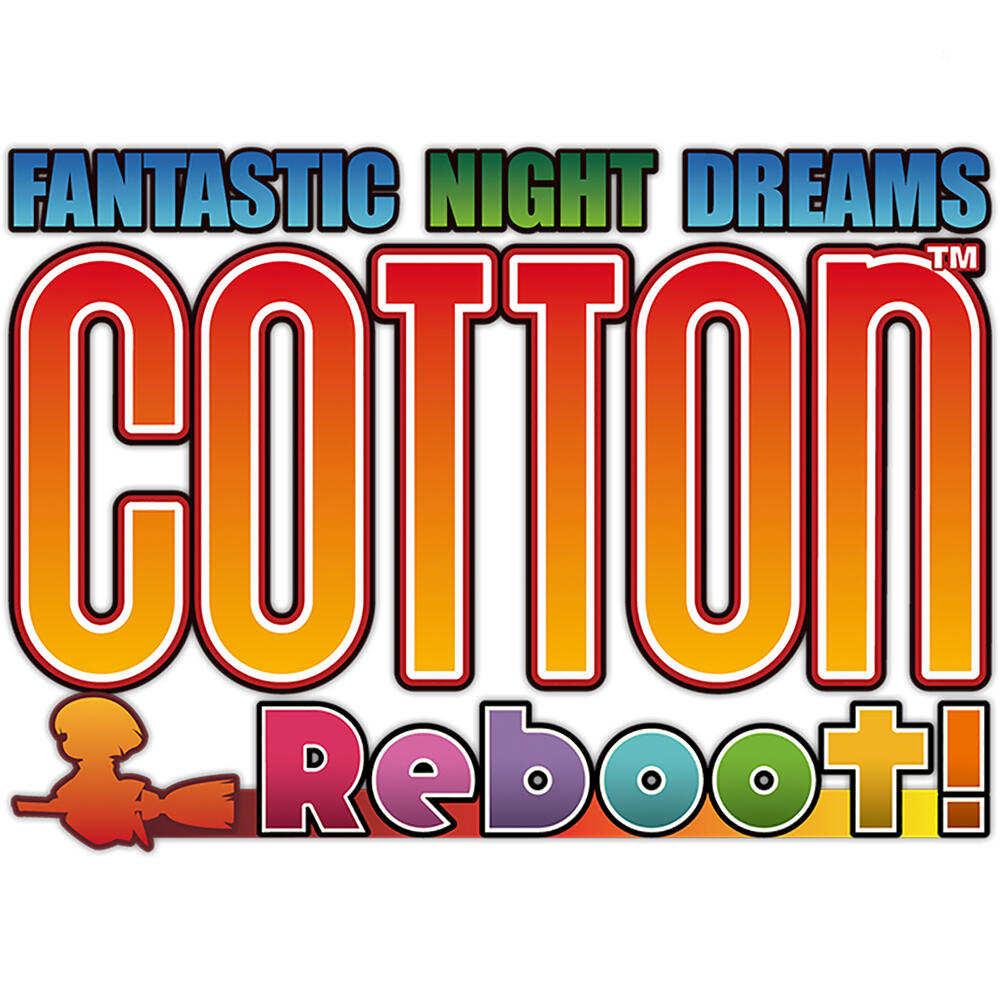 Logo Cotton Reboot!. Jasne kolory tekstu z sylwetką wiedźmy i gwiazdami. Żółty, czerwony, pomarańczowy, niebieski i różowy.