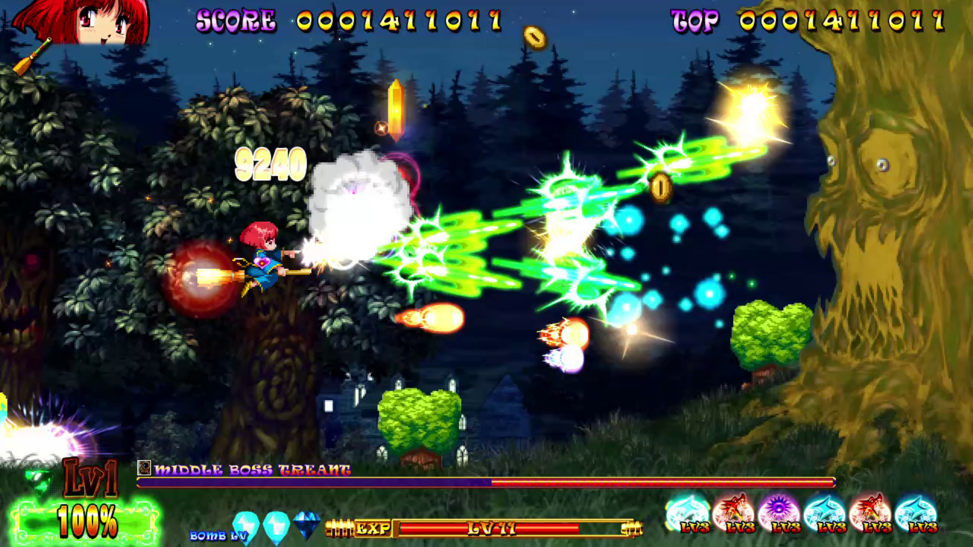 Scena z gry pikselowej. Dziewczyna na miotle strzela, zielone pociski. Wrogowie i tło lasu.