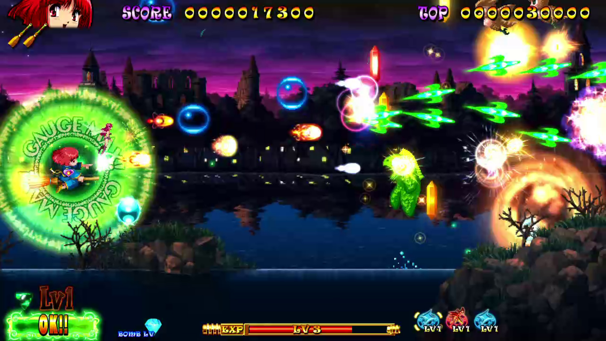 Scena z gry pikselowej. Dziewczyna na miotle strzela. Kolorowe, z wrogami i rzeką w tle.