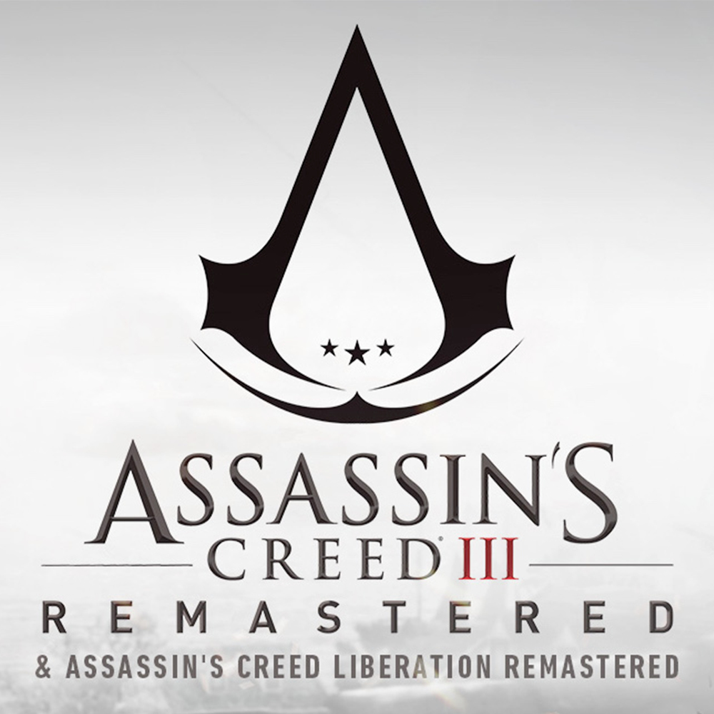 Logo Assassin's Creed III Remastered. Czarny symbol asasyna z trzema gwiazdami i tekstem tytułu gry.