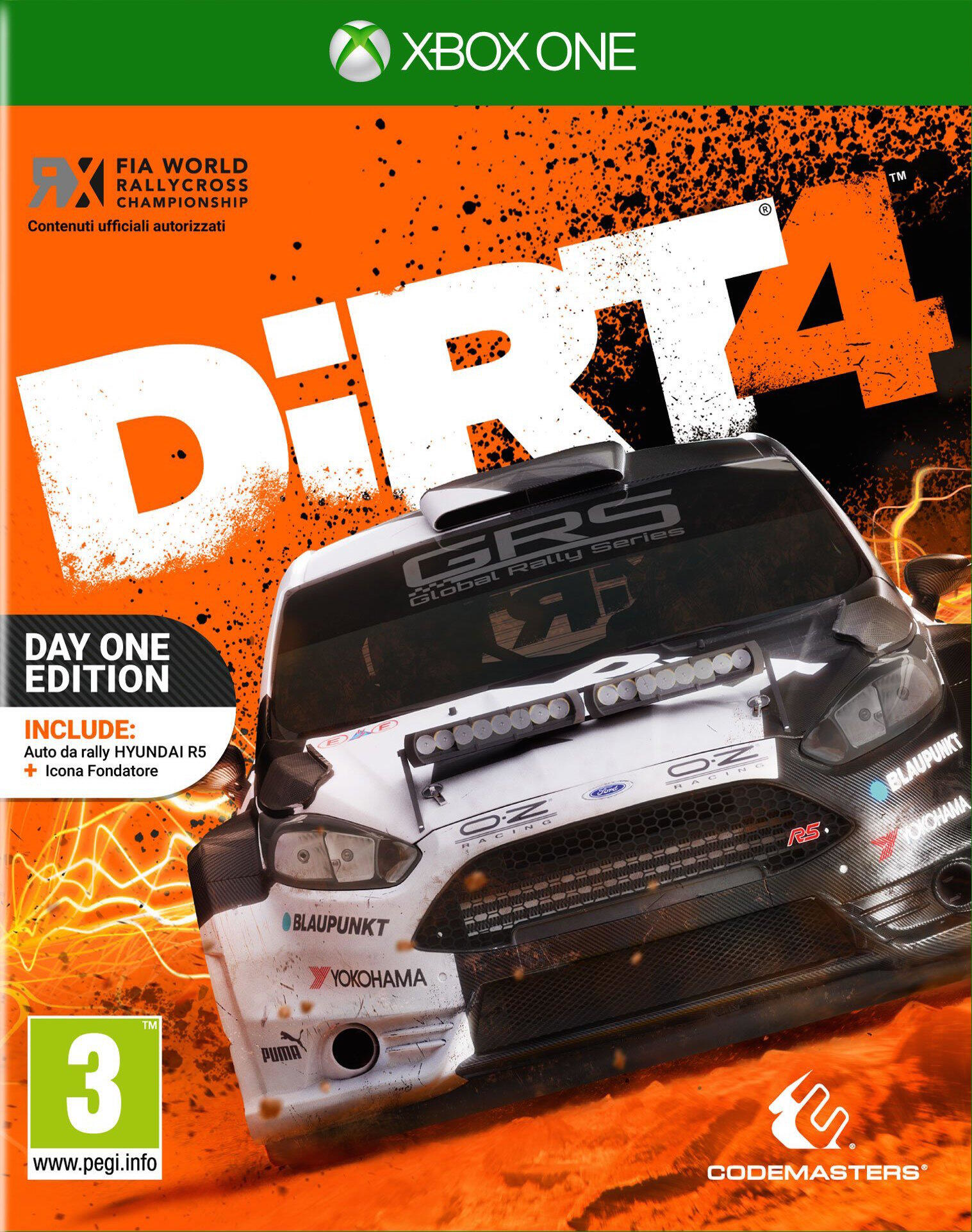 Copertina del gioco Dirt 4. Un'auto da rally su una pista, con un grande logo DIRT 4.