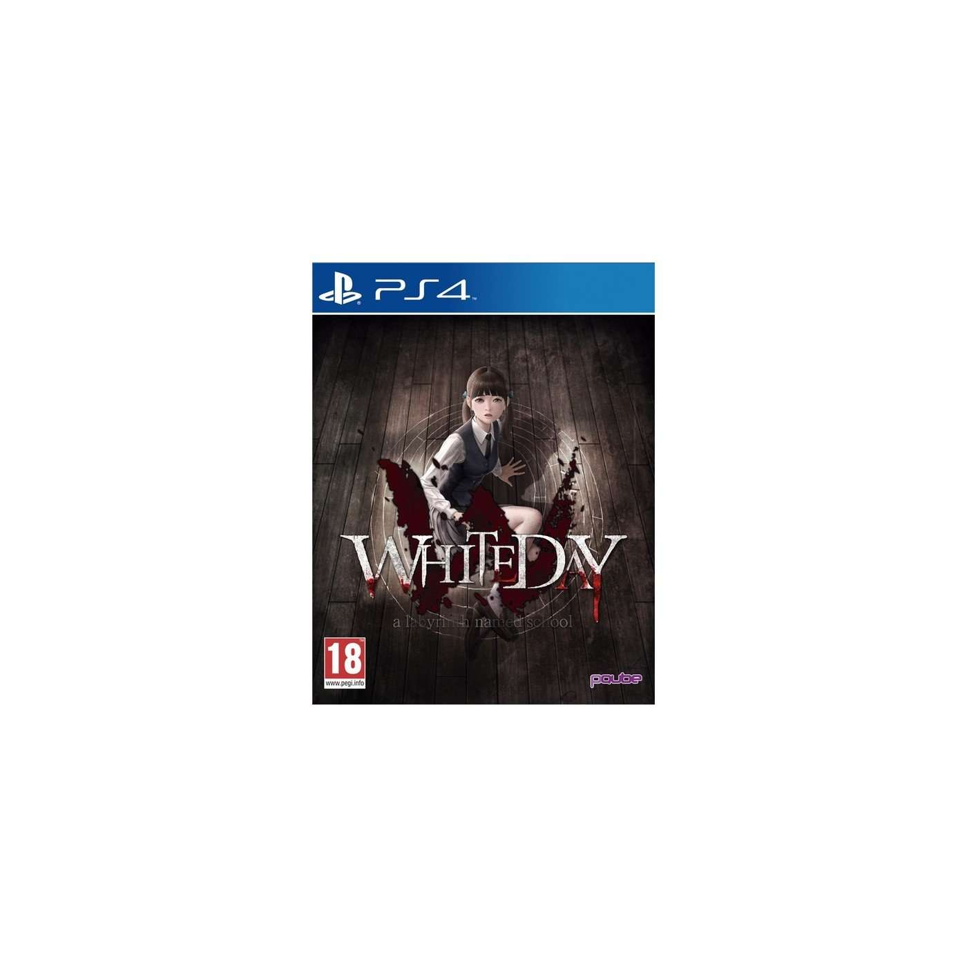 Okładka gry White Day. Dziewczyna w mundurku szkolnym z krwią i tekstem. Logo PS4 na górze.