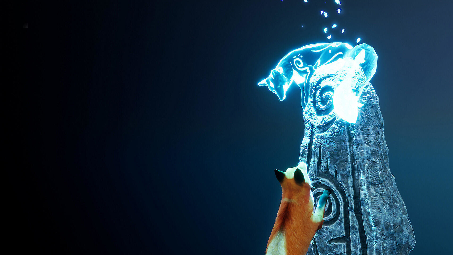 Scena z gry: Lis patrzący na świecącego ducha na kamiennej konstrukcji, ciemne tło.