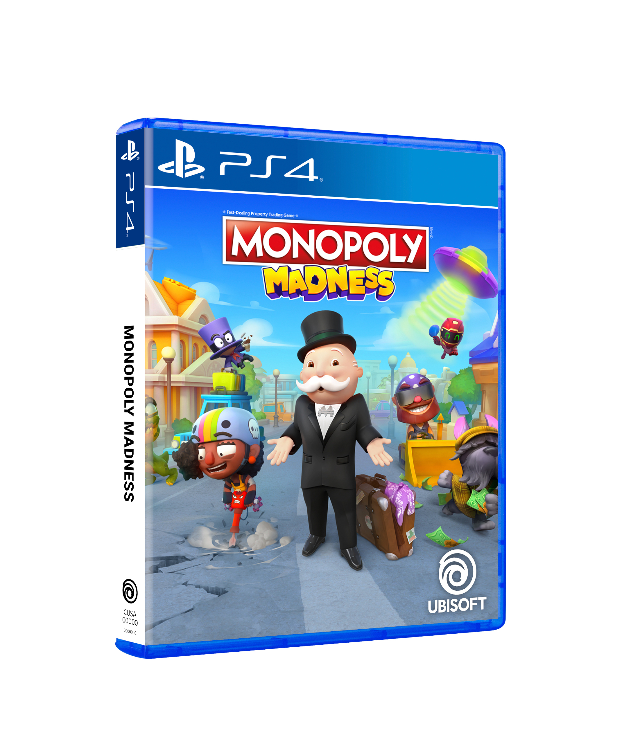 Okładka gry Monopoly Madness na PS4 z postaciami z kreskówek i tłem miasta.