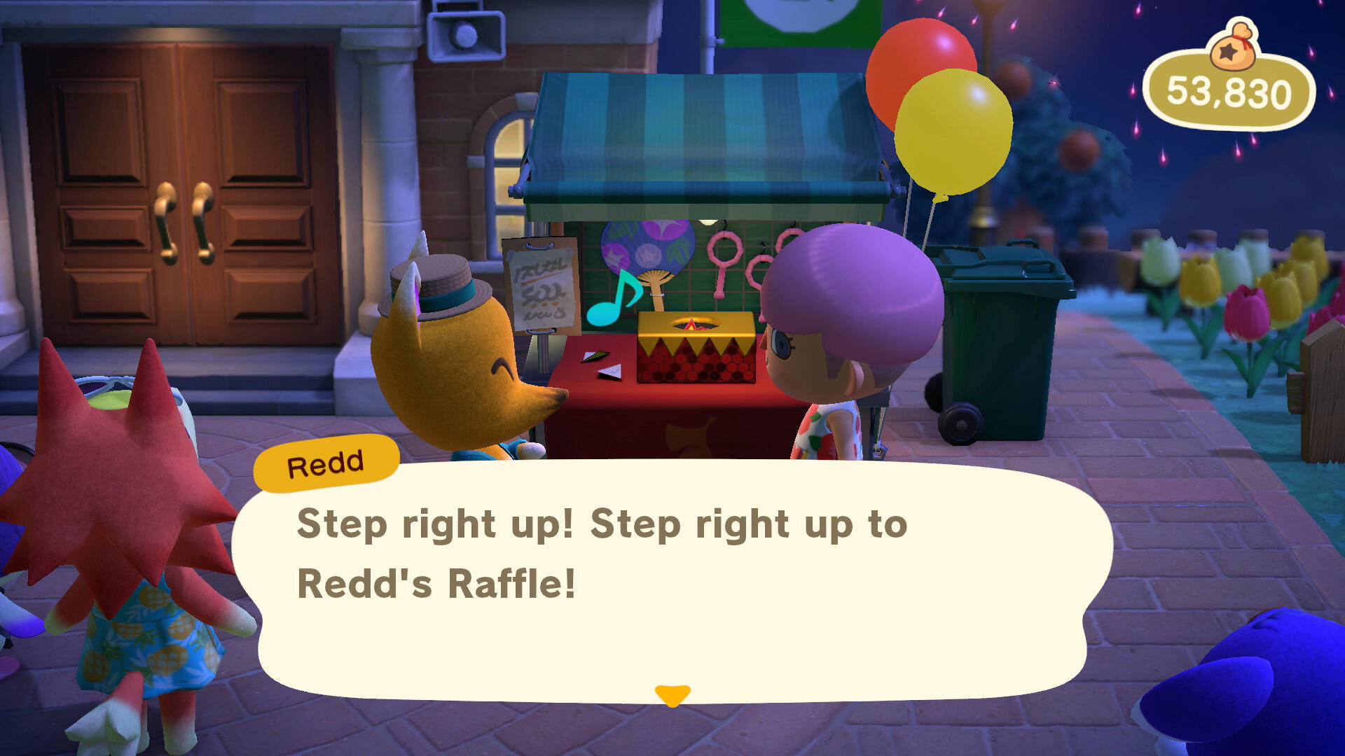 Escena de Animal Crossing con Redd, un aldeano, y un jugador cerca de un puesto de rifas.