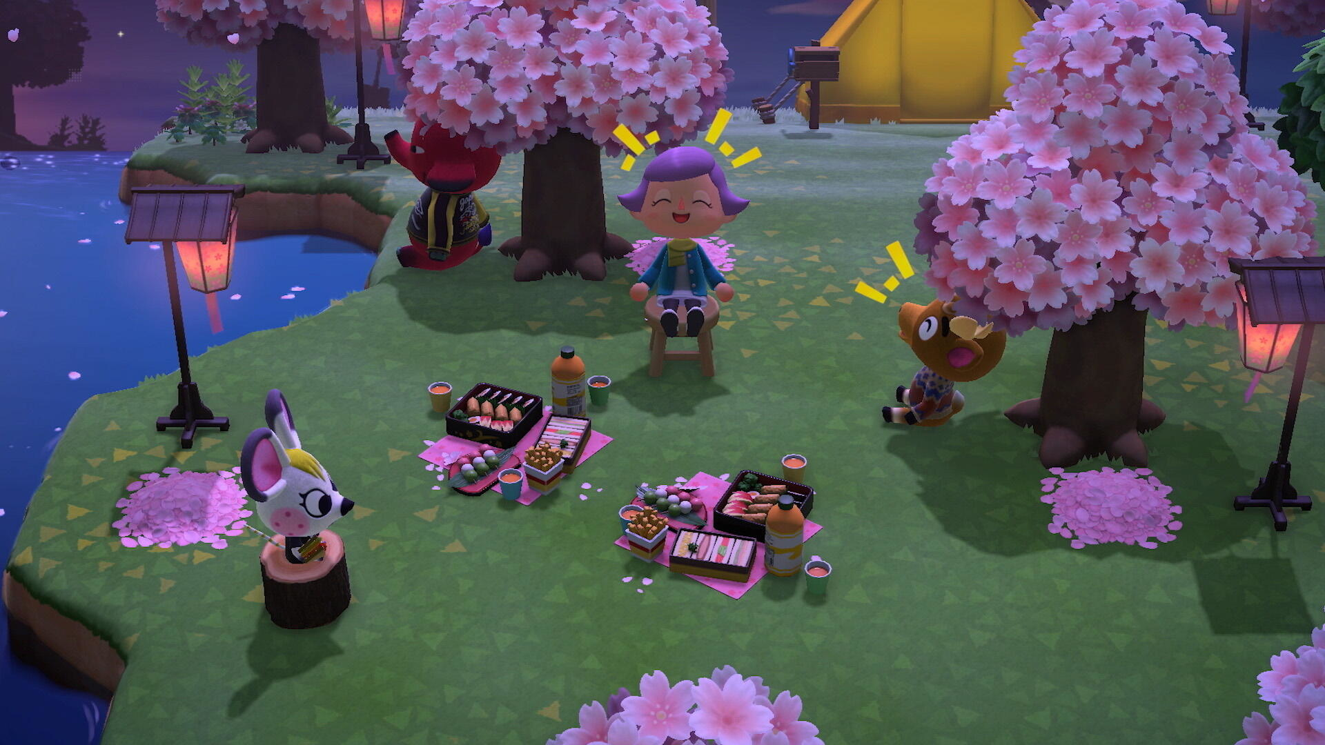 Escena de Animal Crossing, con personajes, flores de cerezo y comida de picnic.