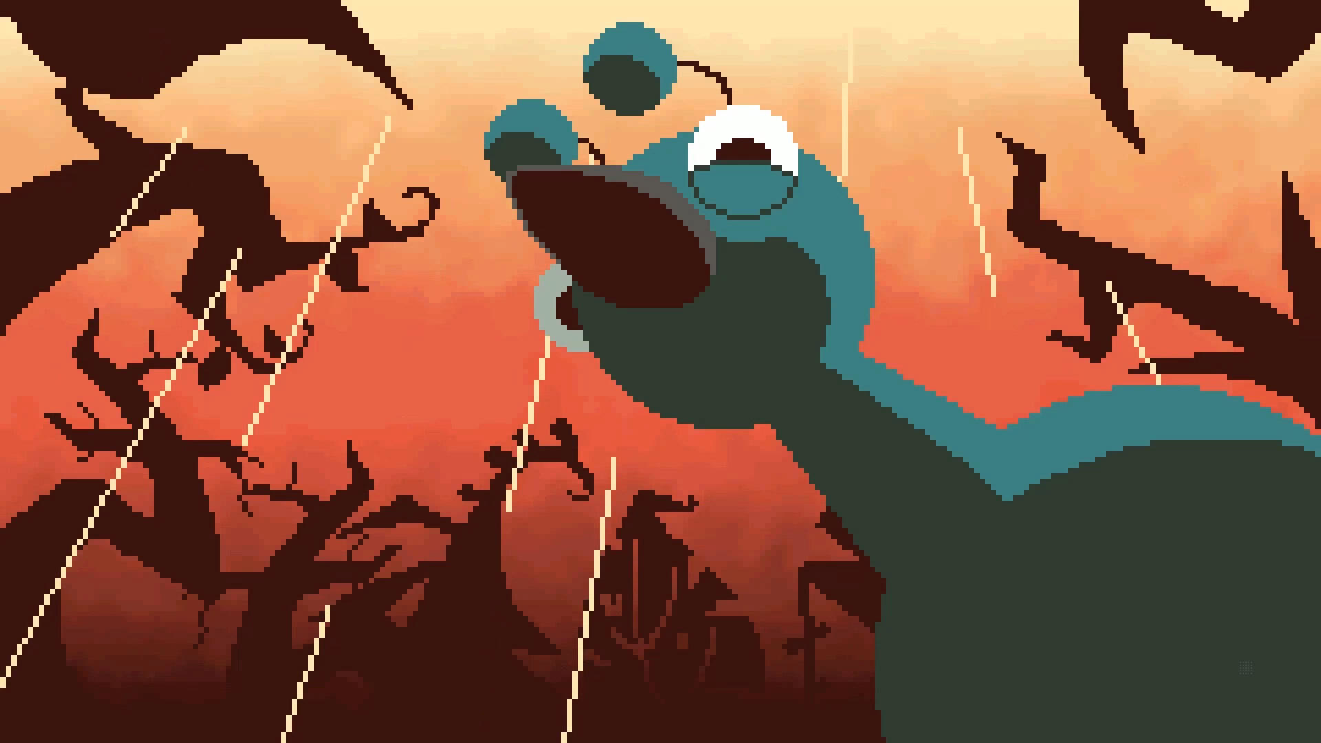 Scena pixel art con un uccello, pioggia e alberi in un ambiente scuro, arancione.