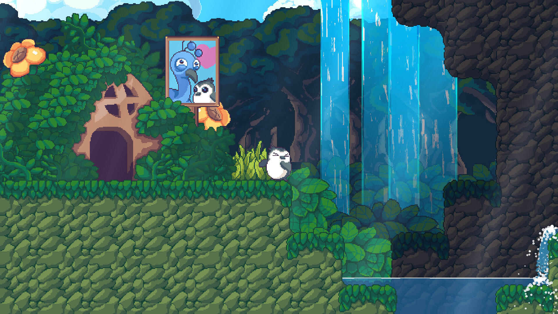Scena pixel art con pinguini vicino a una cascata e un dipinto.