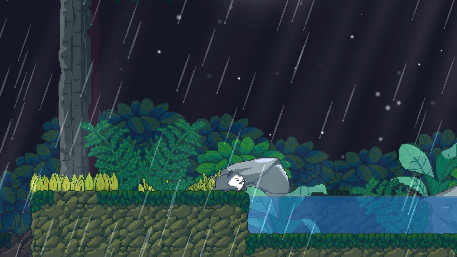 Scena pixel art con un animale che dorme vicino all'acqua, pioggia e vegetazione in un ambiente scuro.