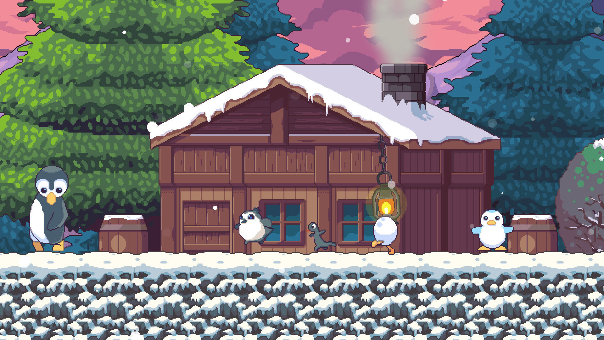 Scena pixel art con pinguini in una foresta innevata. Visibili una capanna, neve e alberi.