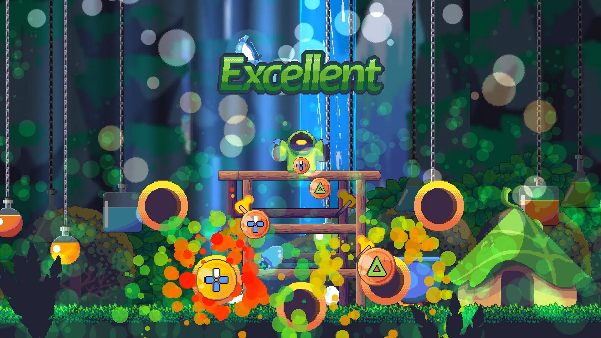 Scena pixel art con un personaggio, un ponte di legno ed elementi di gioco con la parola 'Excellent'.