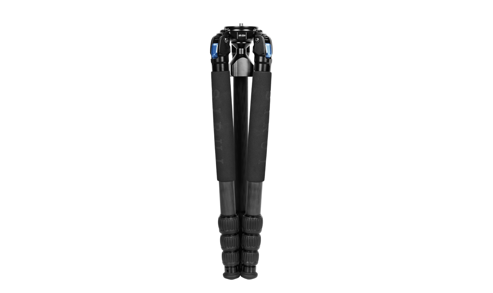 A black tripod is folded up and ready to be stored.