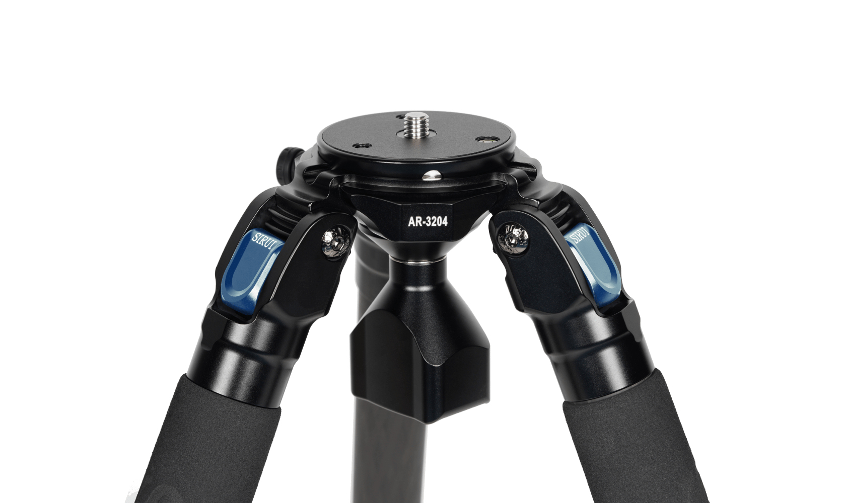Close-up of a tripod head with blue accents.