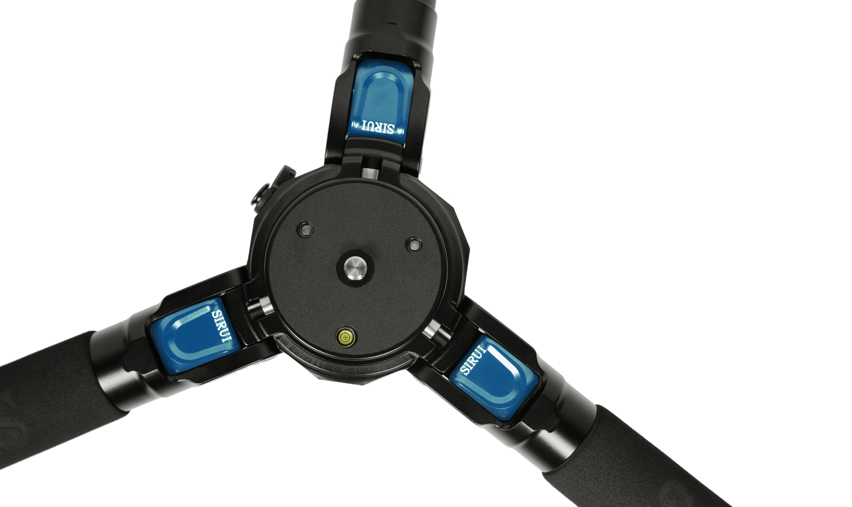 Tripod legs with blue accents. Black grips. Center platform with a bubble level.
