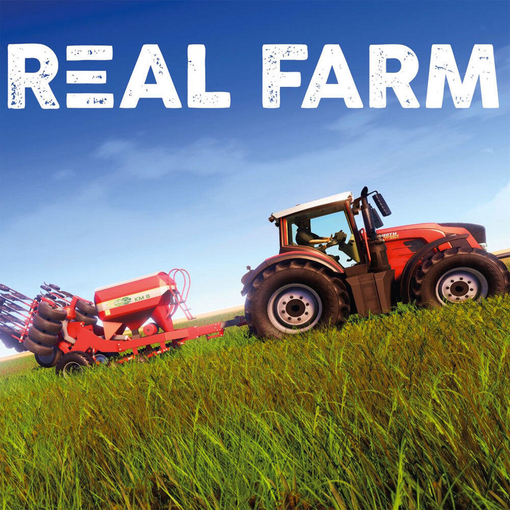 Copertina del gioco Real Farm. Un trattore tira una seminatrice su un campo verde.