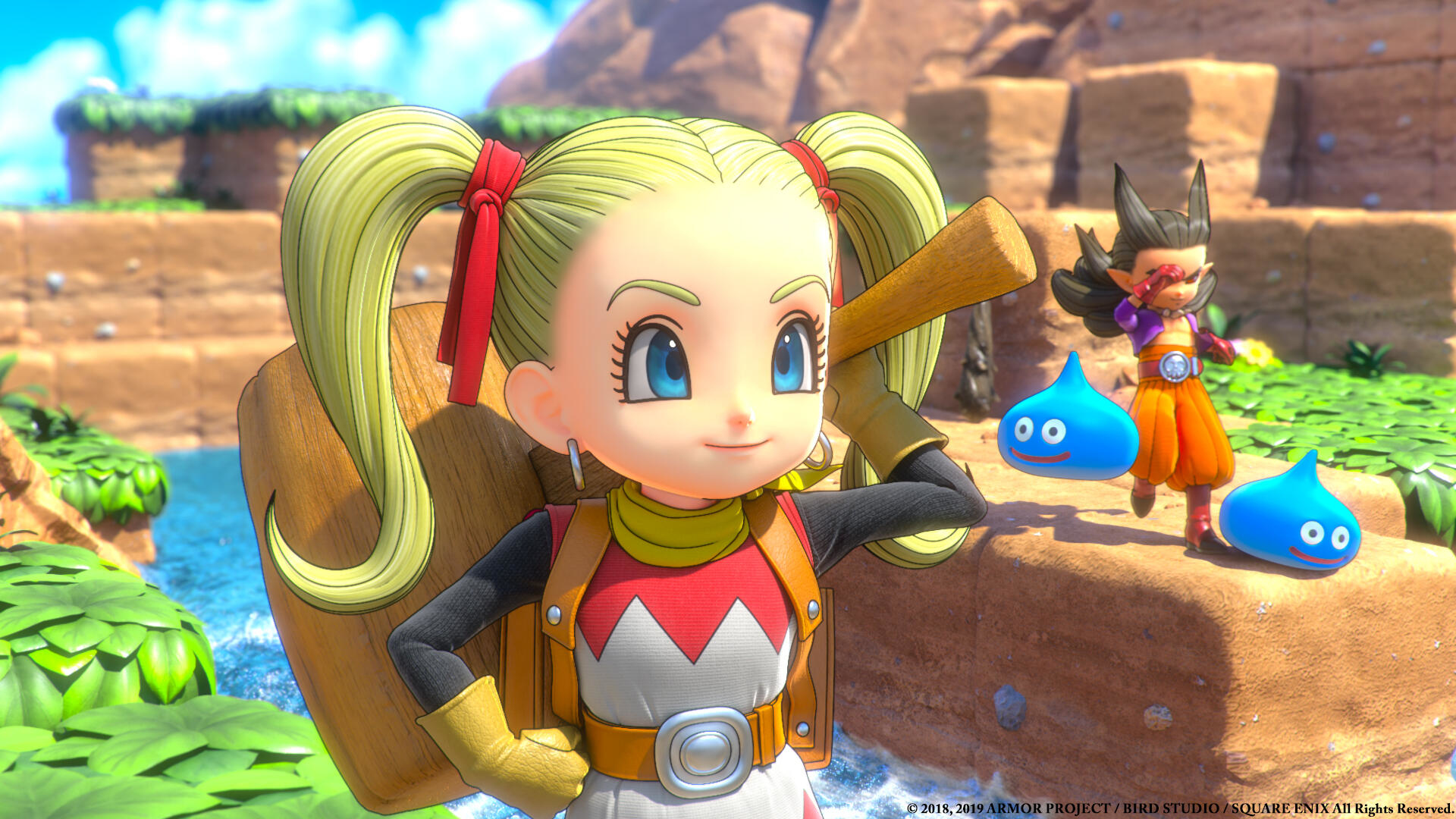 Una ragazza con una mazza, due slime blu e un altro personaggio in una scena di gioco.