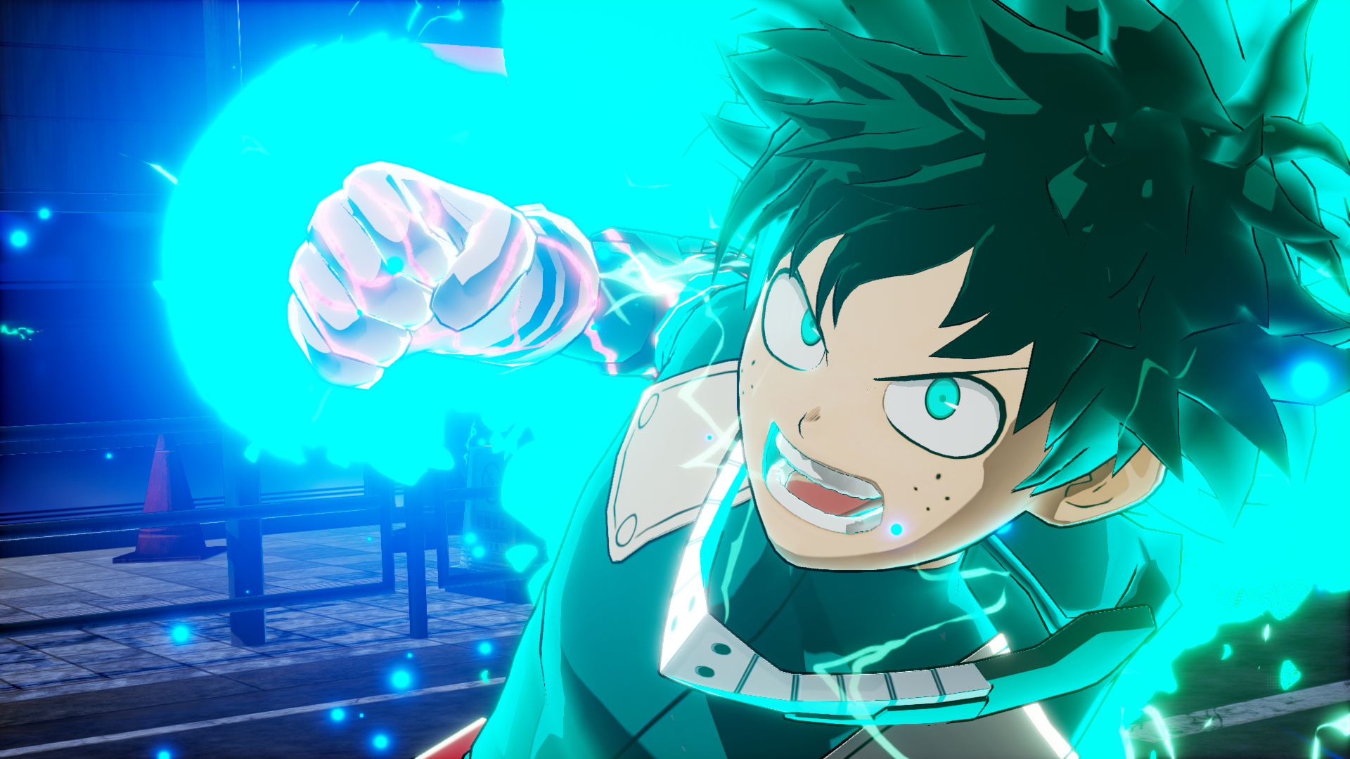 Anime-Figur mit grüner Energie, die aus der Faust austritt. Action-Szene.