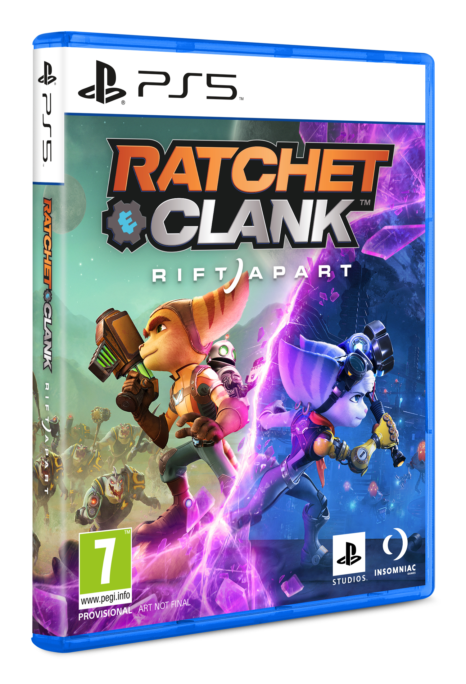 Okładka gry PS5 Ratchet & Clank: Rift Apart. Dwie postacie z bronią, żywa grafika.
