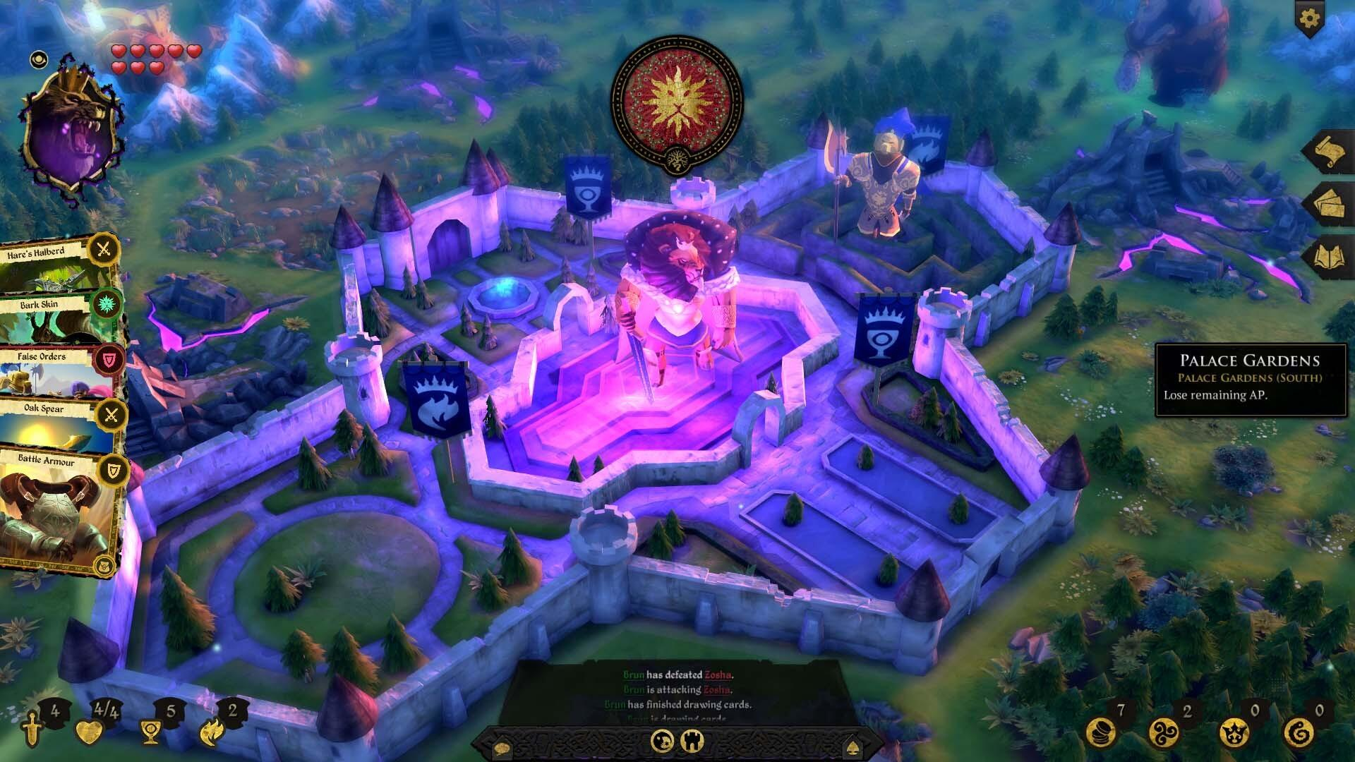 Una scena di gioco con un castello e giardini, in un'ambientazione fantasy. I colori viola e oro sono prominenti.