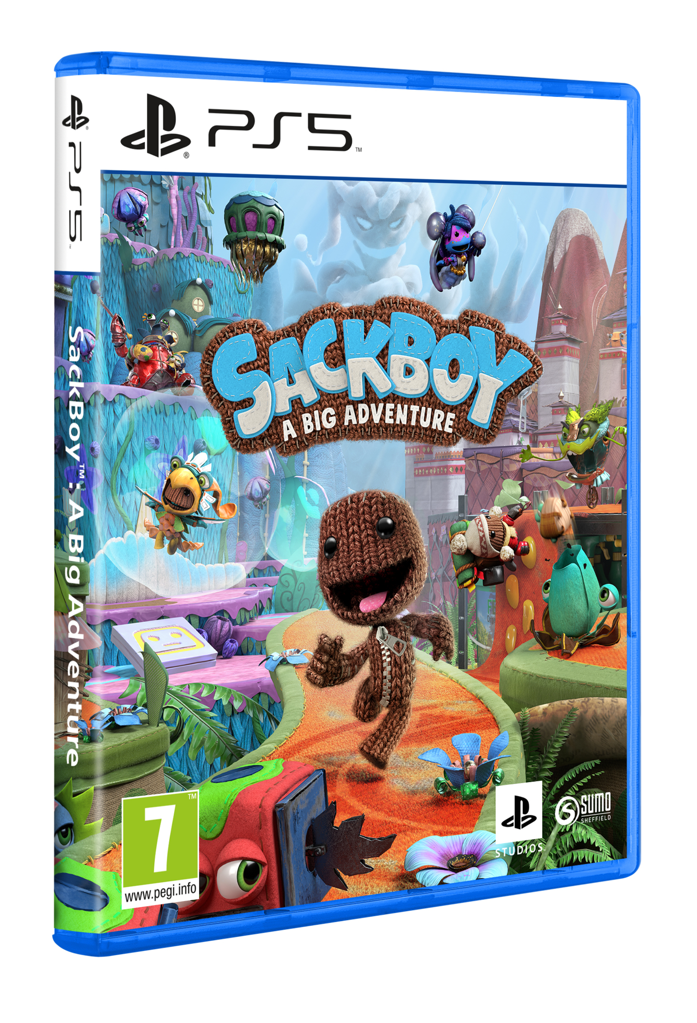Okładka gry Sackboy: A Big Adventure. Postać Sackboy na kolorowej okładce z niebieską obwódką.