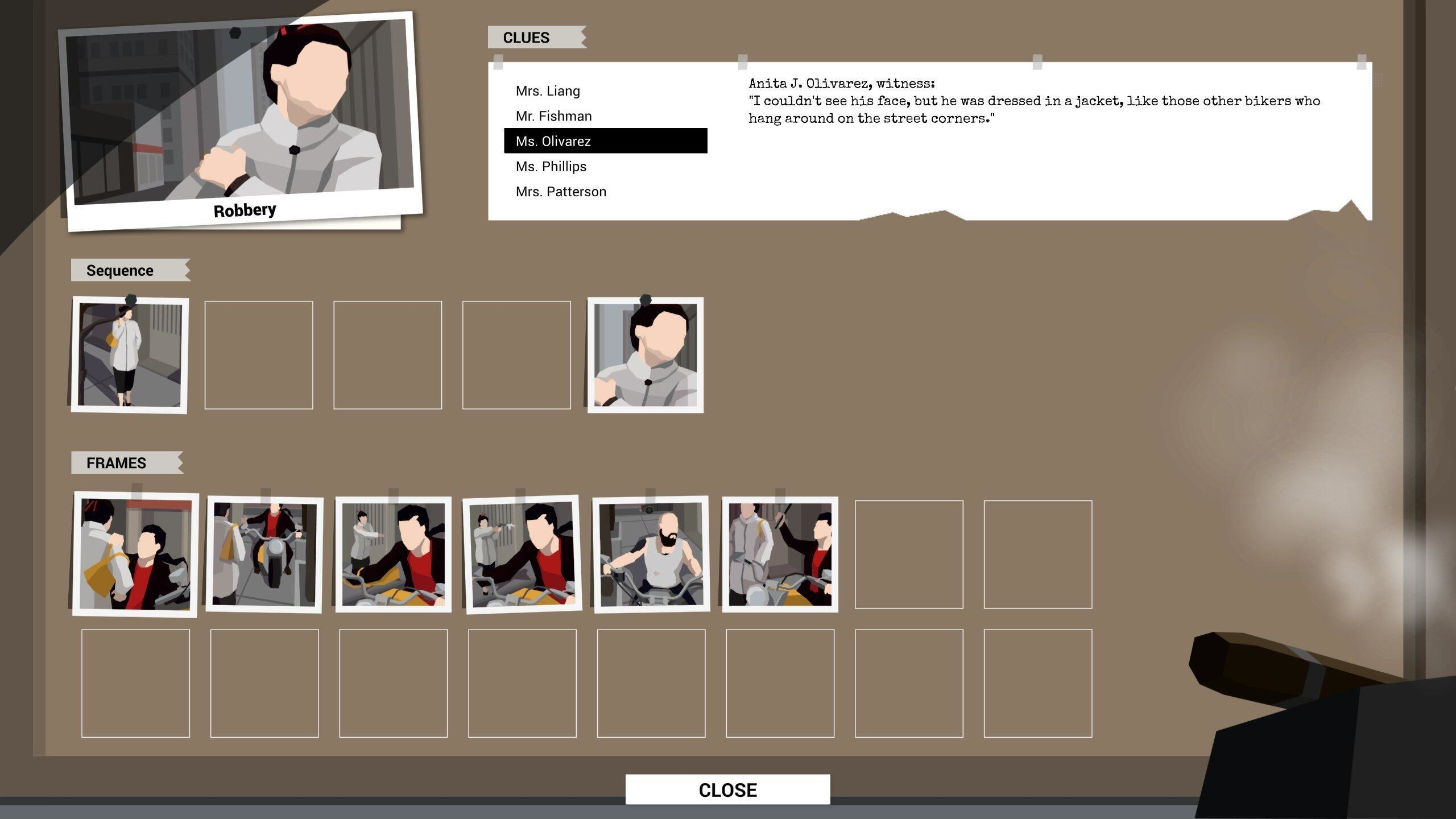 L'interfaccia di gioco mostra indizi e fotogrammi in uno scenario di rapina. È presente una persona in giacca e cravatta.